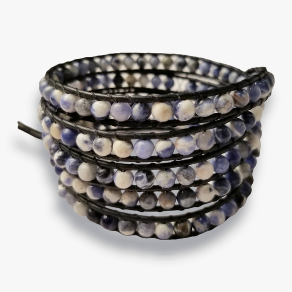 NEW Sodalite and Leather 5 Wrap Bracelet, OS, Handmade - Picture 3 of 3